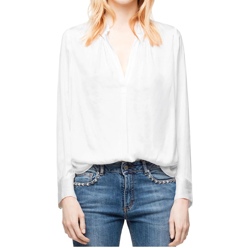 Zadig & Voltaire Silky Satin Blouse Off White Rhinestone Cuff Hidden Button Down